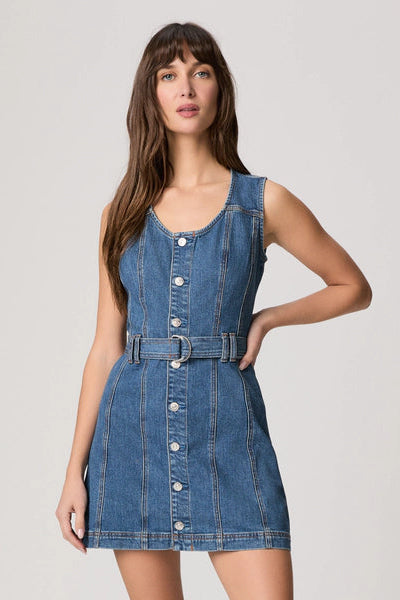 Denim mini dress with sleeveless round neck, front buttons and tied belt