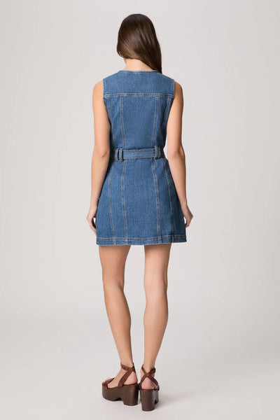 Back view of denim mini dress with sleeveless cut and tied belt