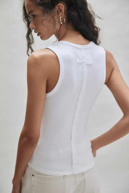 White sleeveless V-neck tank top with back yoke seam detail