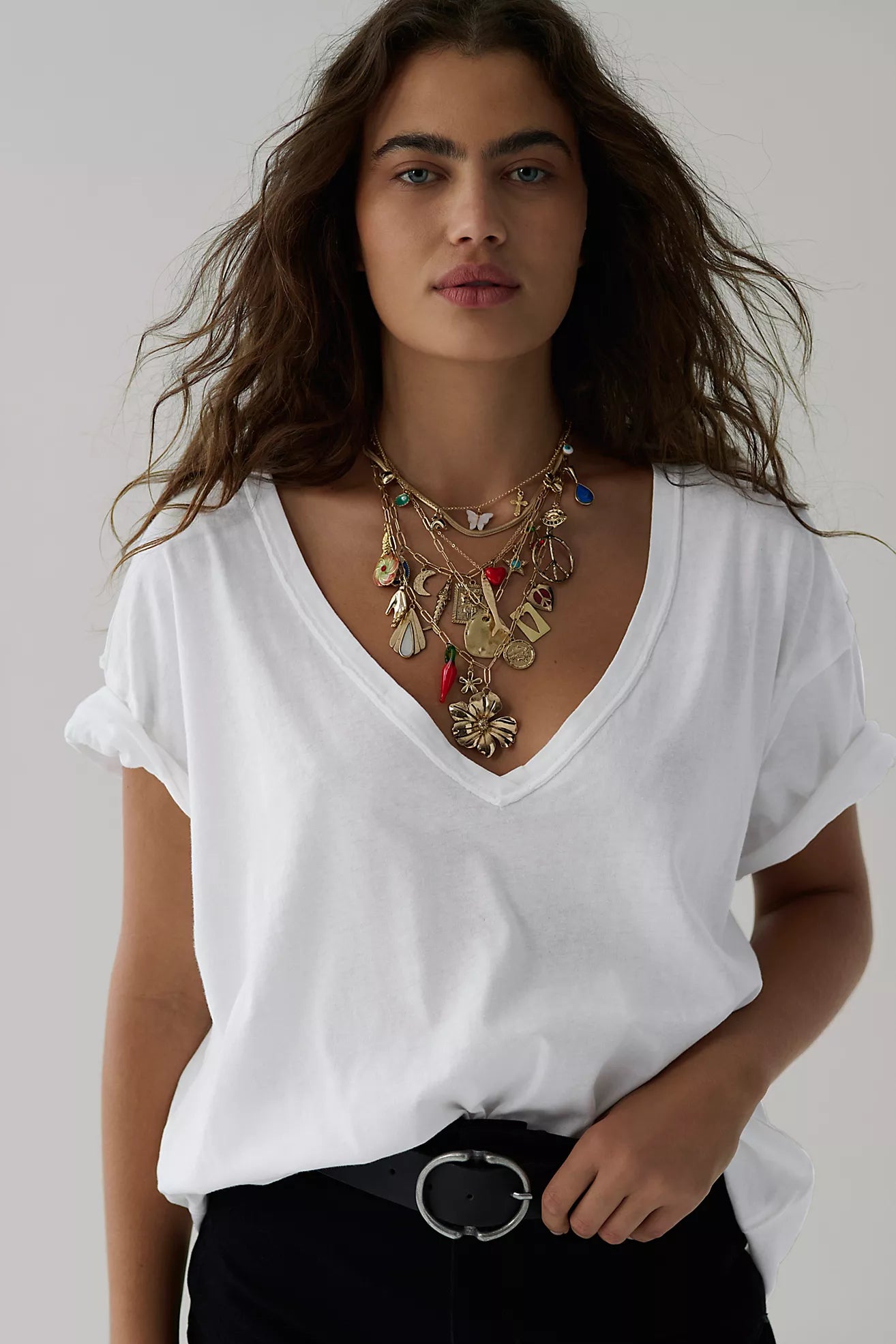 Ivory short-sleeve V-neck T-shirt with deep V neckline