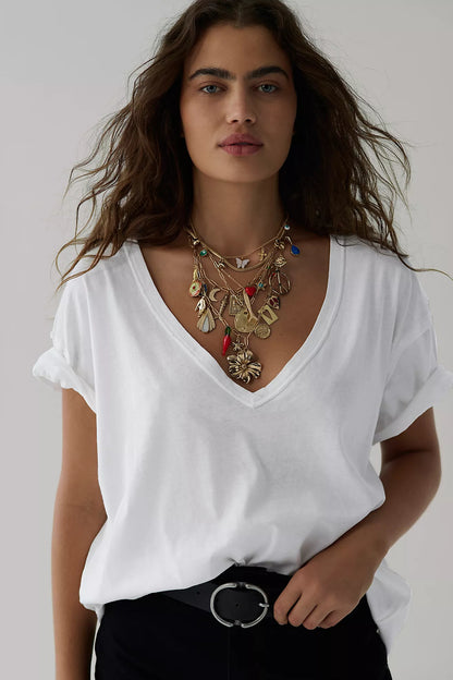 Ivory short-sleeve V-neck T-shirt with deep V neckline