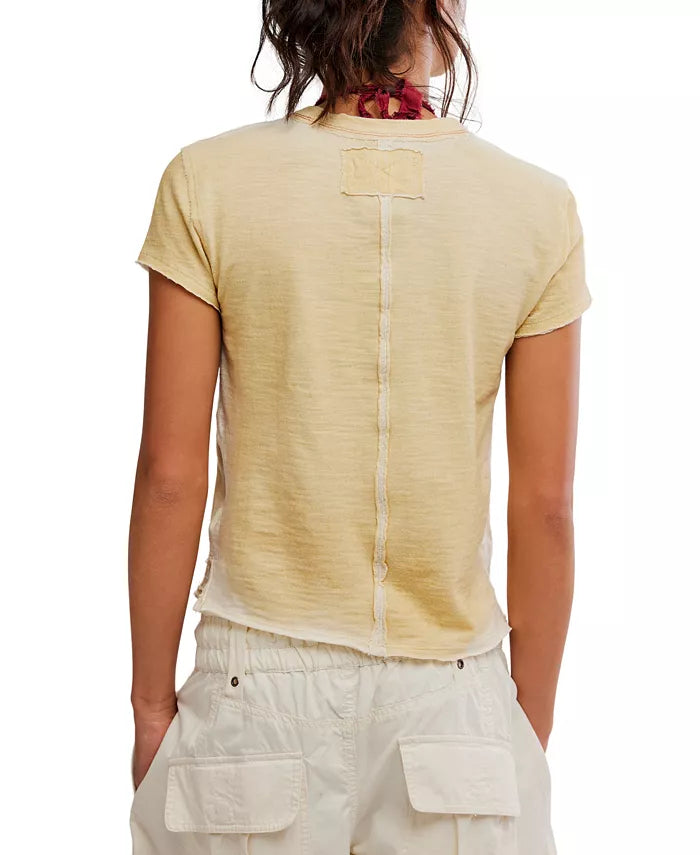 Wall Flower tee with crewneck and vertical back floral graphic; washed tea yellow