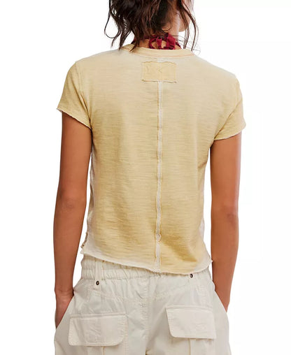 Wall Flower tee with crewneck and vertical back floral graphic; washed tea yellow