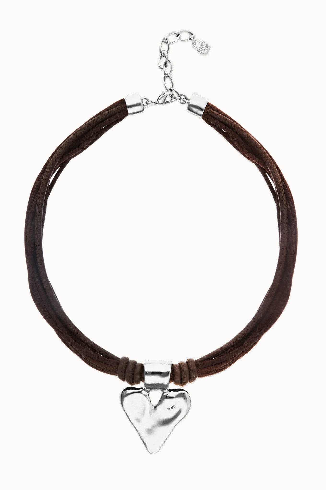 Brown silk n leather heart necklace 