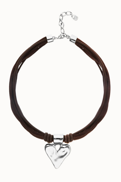 Brown silk n leather heart necklace 