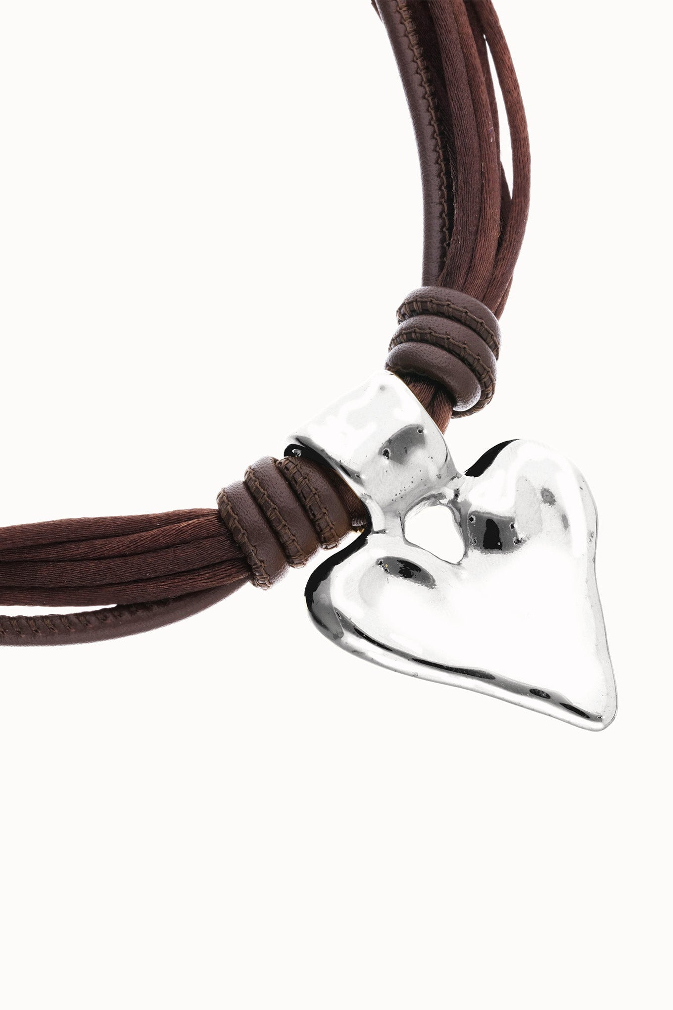 Brown silk n leather heart necklace close view