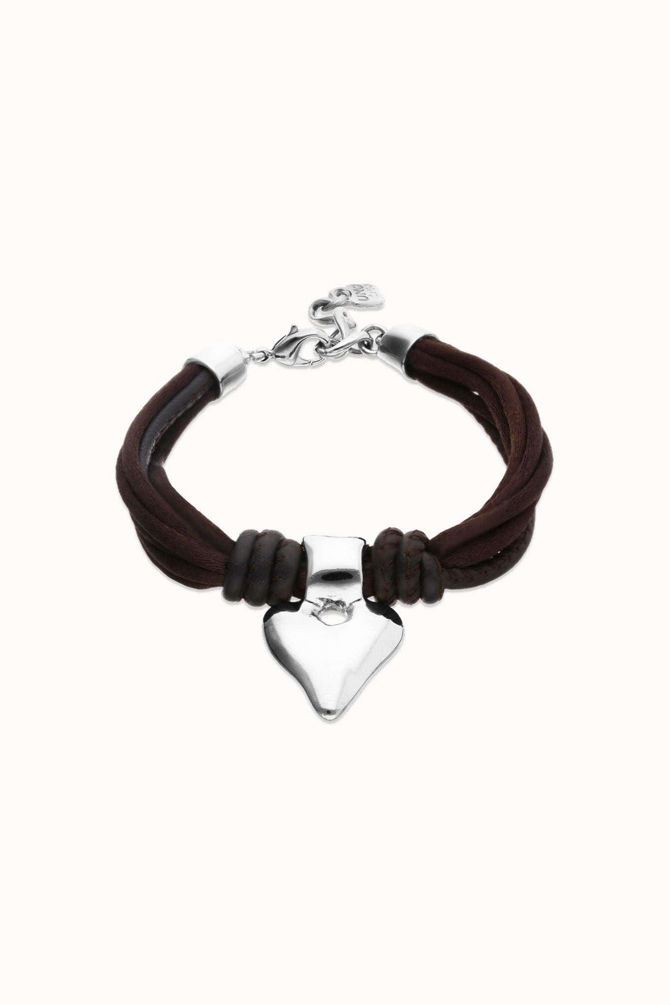 Brown silk leather heart braclet front view