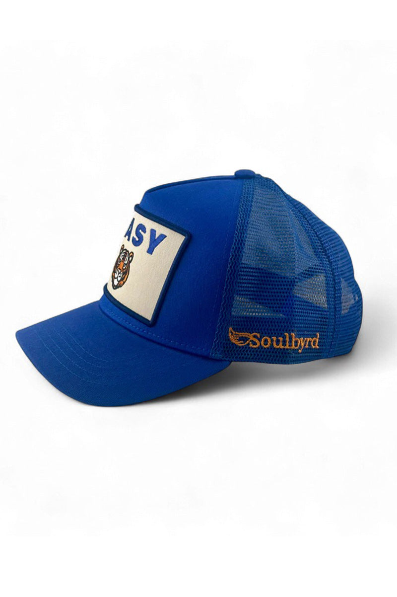 Easy trucker hat in blue side view