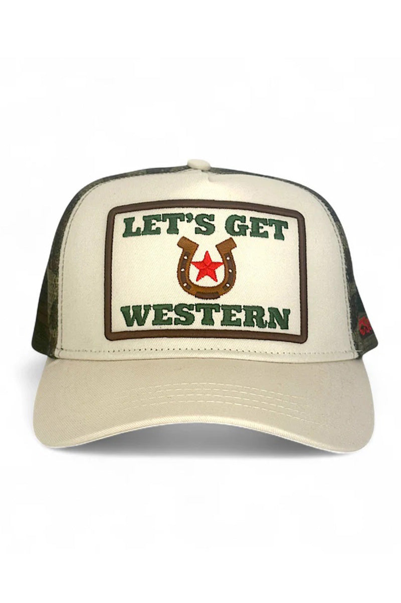 Let's get western trucker hat in camo front view