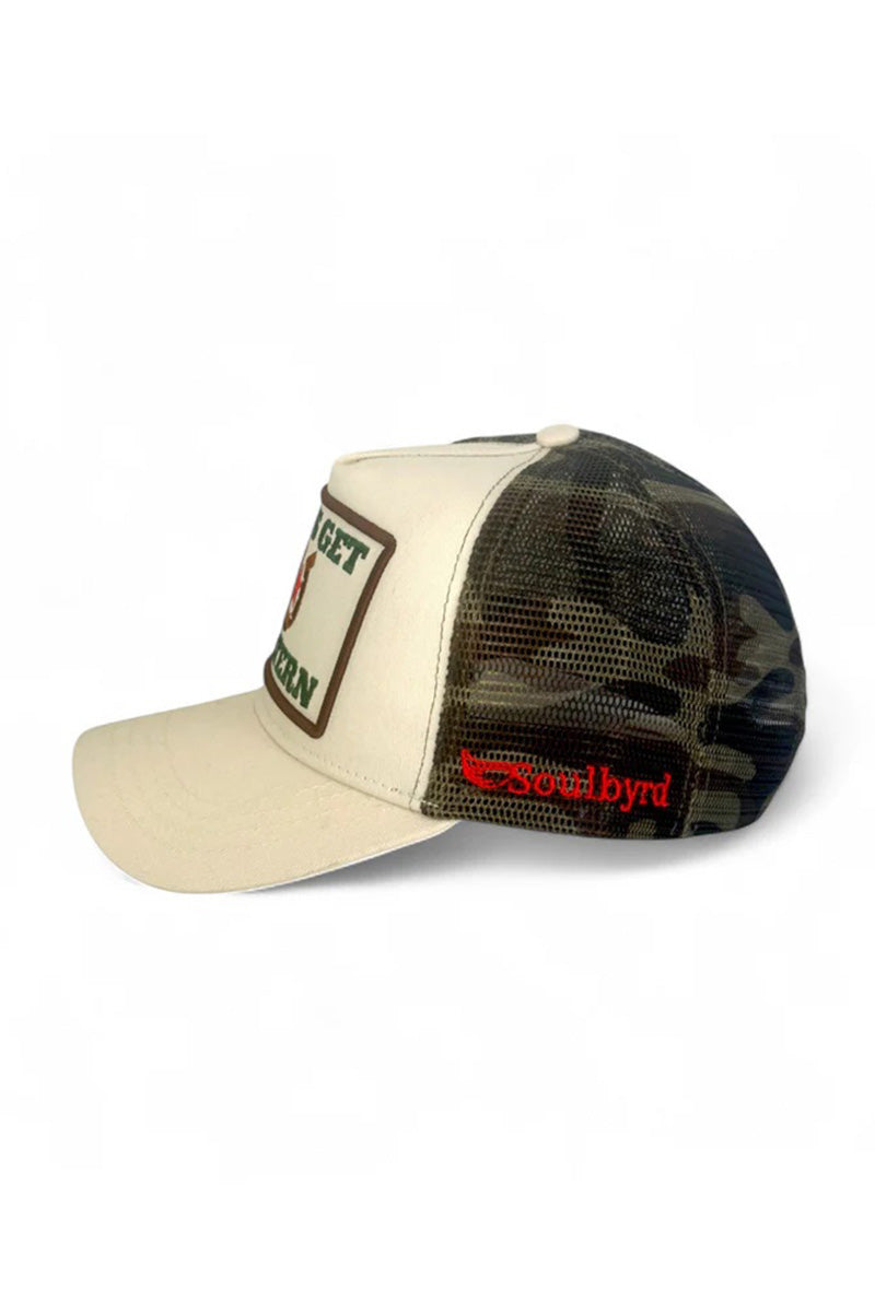 Let's get western trucker hat in camo side view