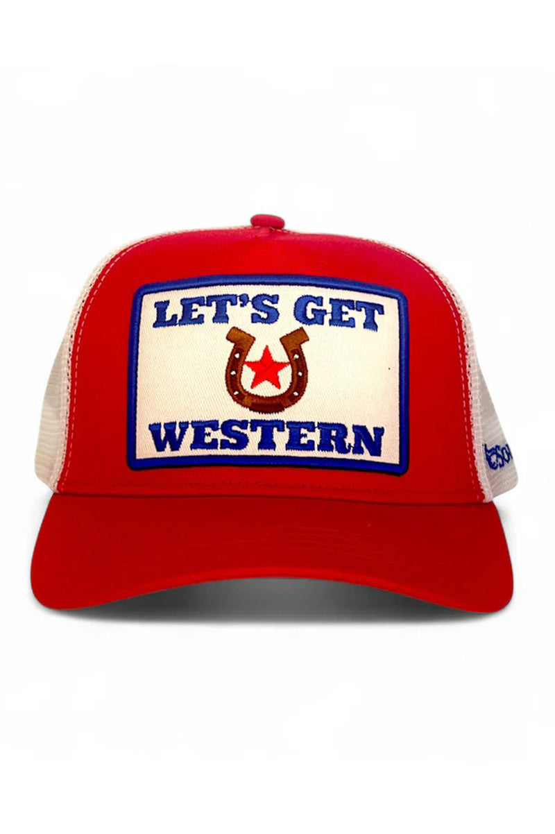 Let's get western trucker hat in red front view