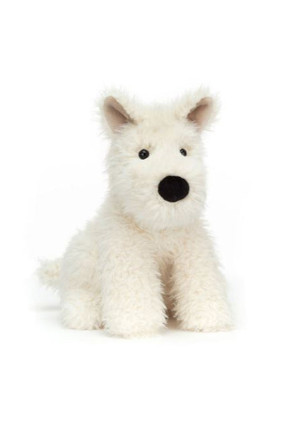 White Scottie dog plush toy with black nose and button eyes, front view