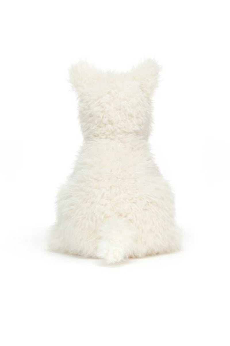 White Scottie dog plush toy, back view with long fluffy tail