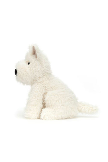 White Scottie dog plush toy in side pose with black nose and button eyes