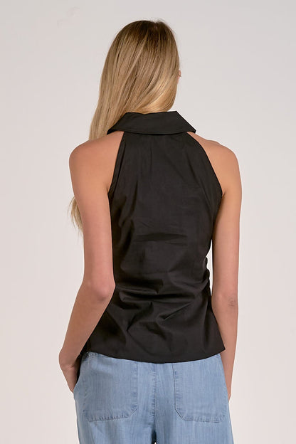Black sleeveless top with high back neckline and curved hem