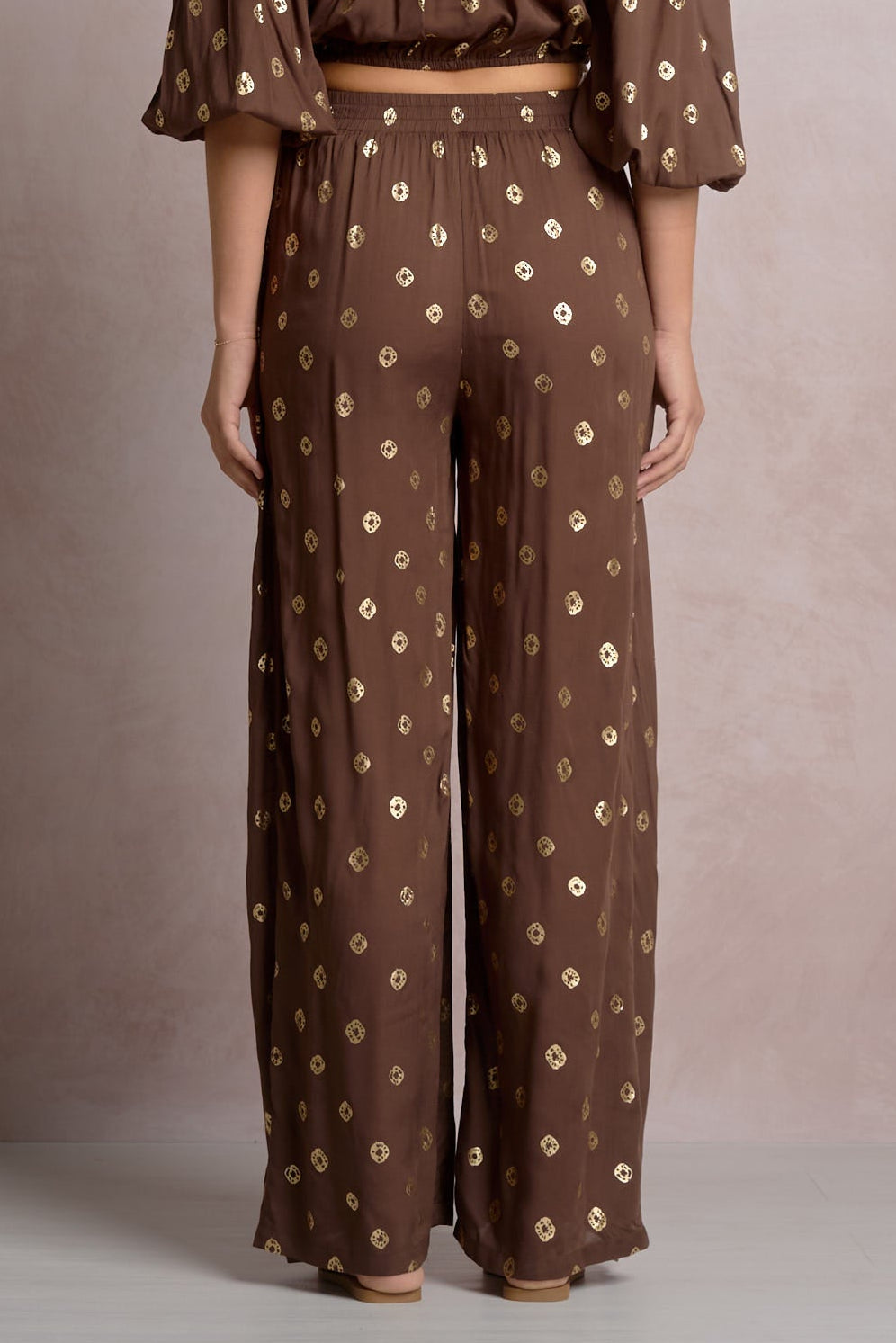 FAUX WRAP PANTS IN BROWN POLKA BACK VIEW