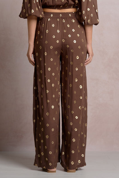 FAUX WRAP PANTS IN BROWN POLKA BACK VIEW