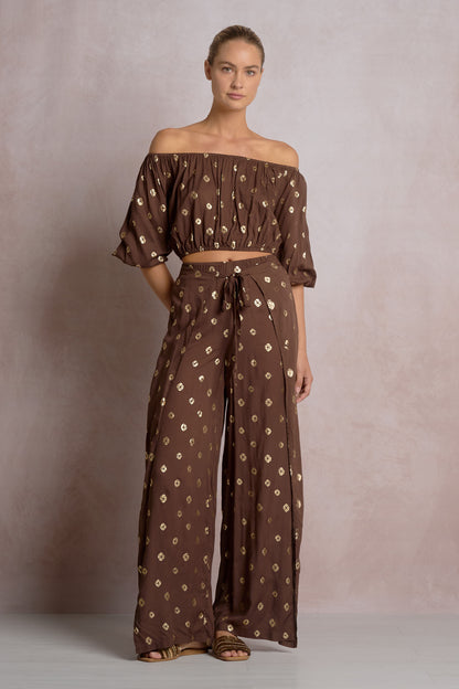 FAUX WRAP PANTS IN BROWN POLKA FRONT VIEW