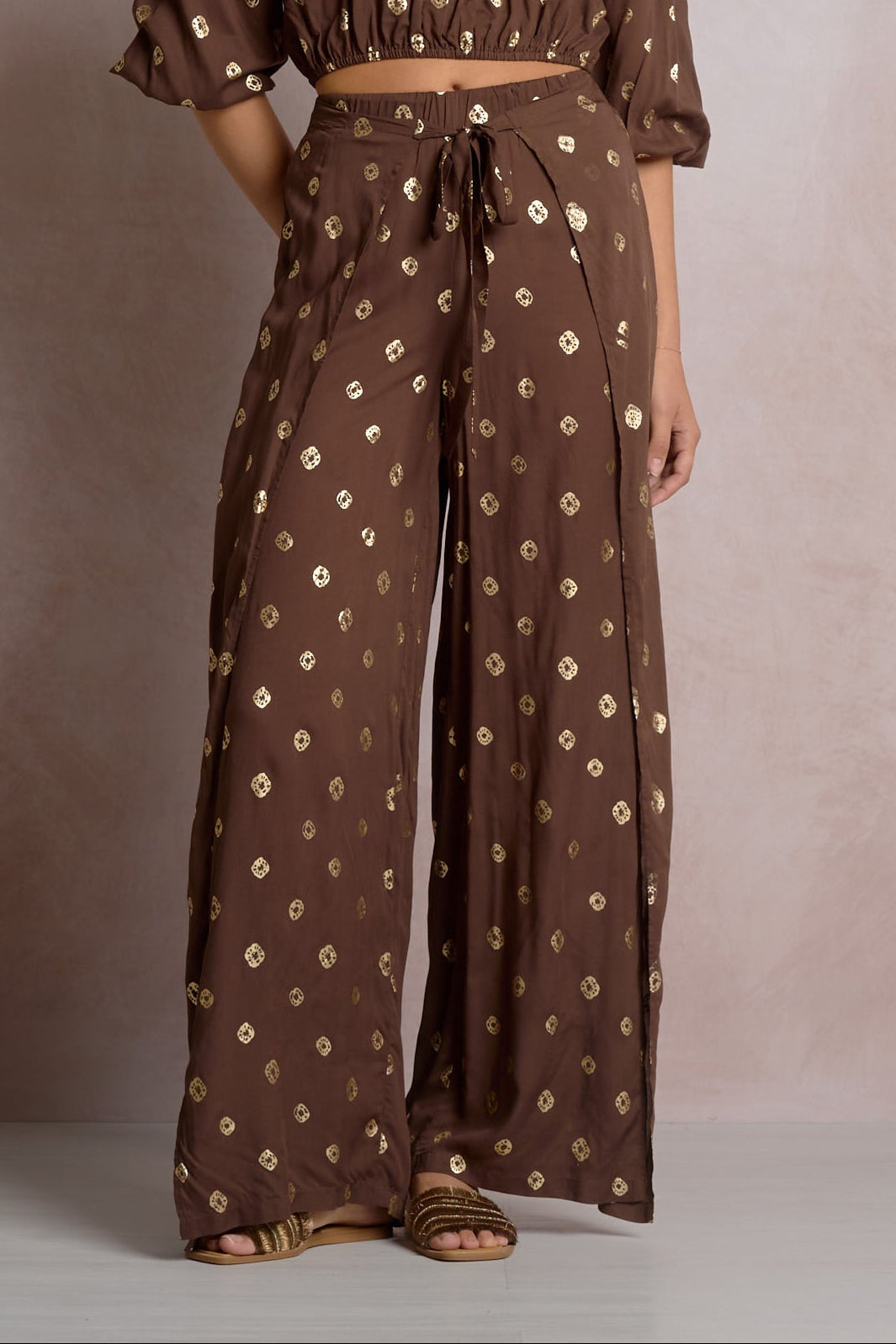FAUX WRAP PANTS IN BROWN POLKA FRONT VIEW 