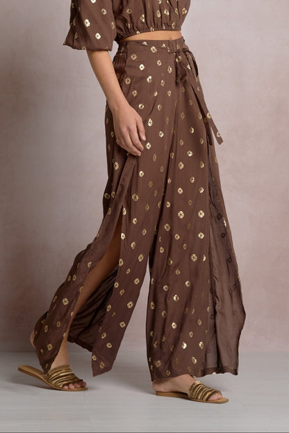FAUX WRAP PANTS IN BROWN POLKA SIDE VIEW