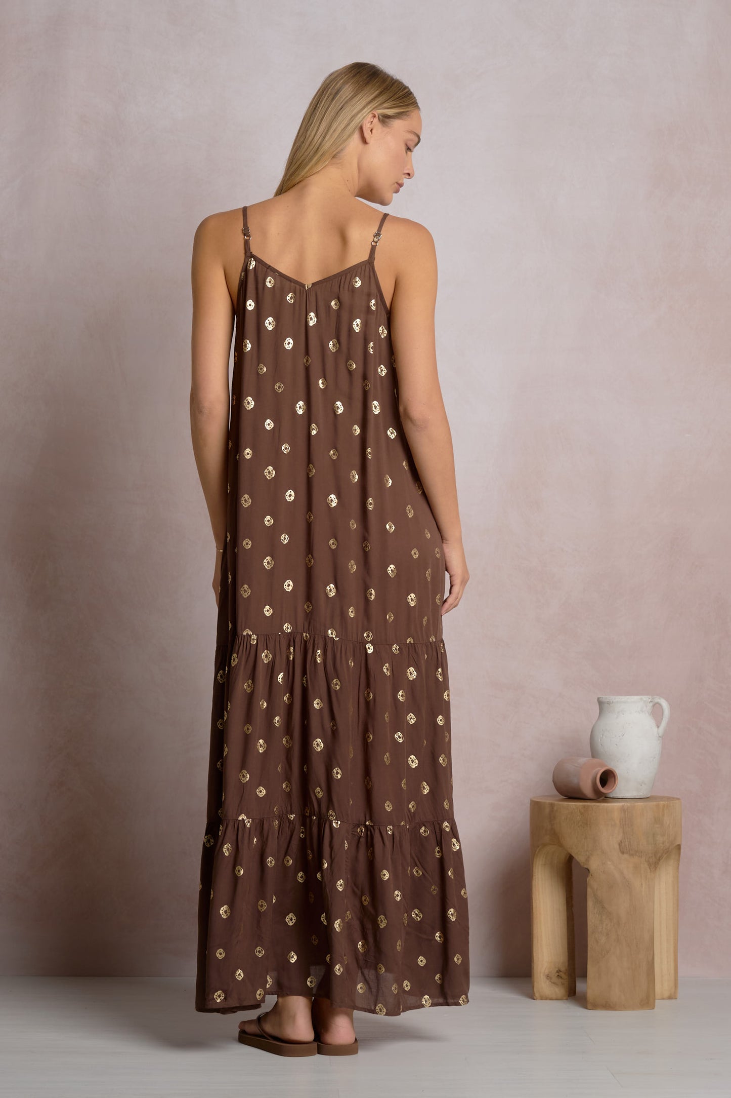 TIERED MAXI DRESS IN BROWN POLKA BACK VIEW