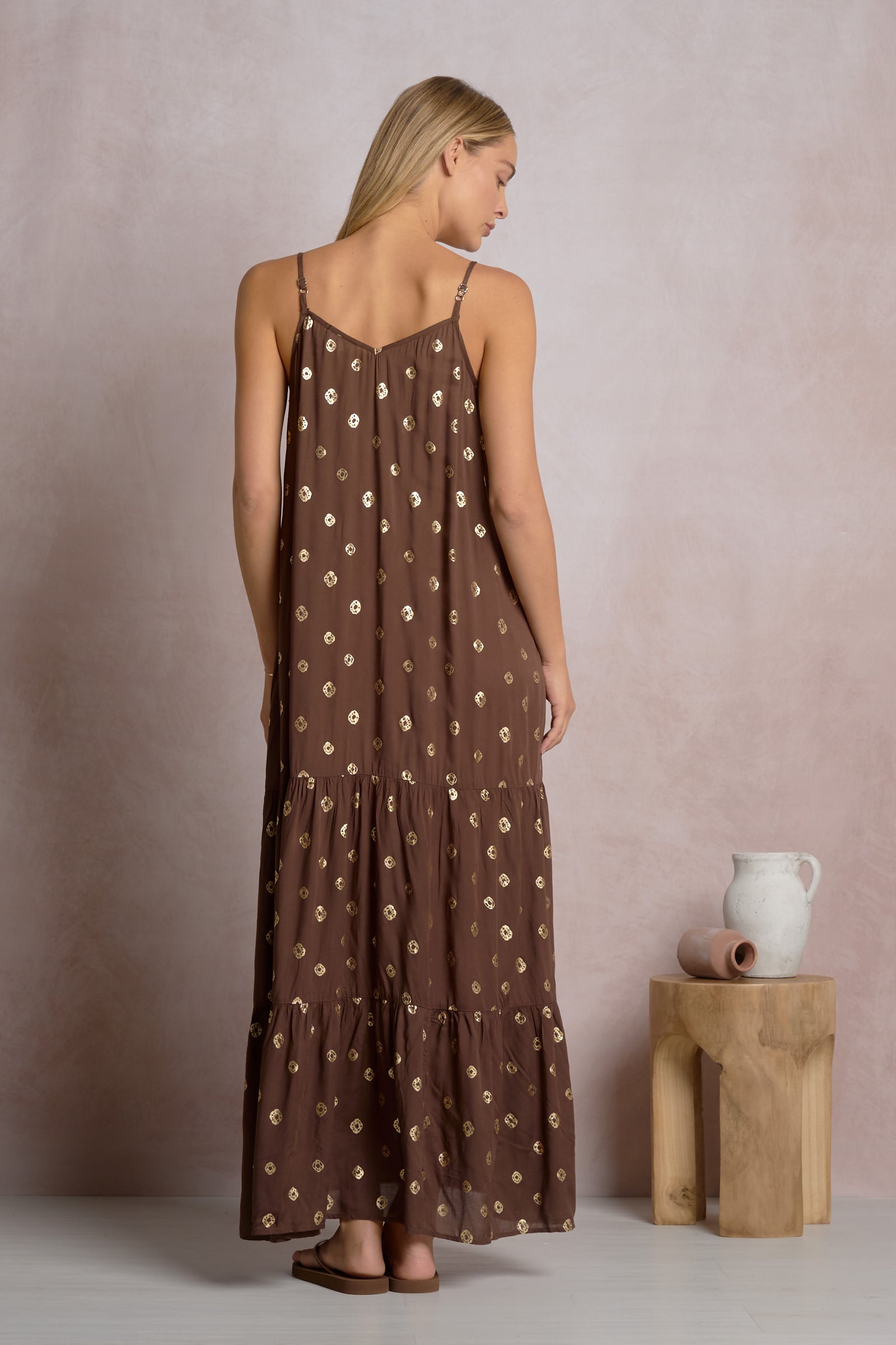TIERED MAXI DRESS IN BROWN POLKA BACK VIEW