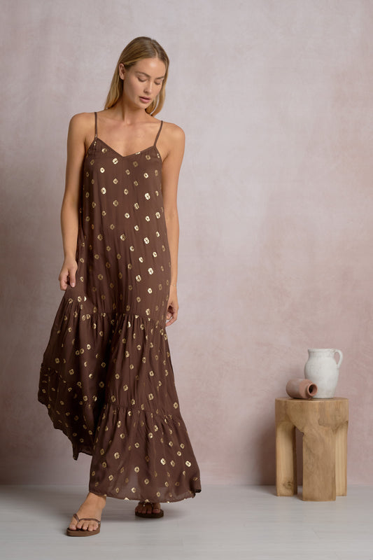 TIERED MAXI DRESS IN BROWN POLKA FRONT VIEW
