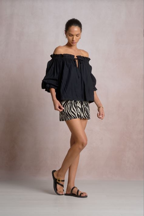 Black off-shoulder long-sleeve top with puff sleeves and gathered neckline