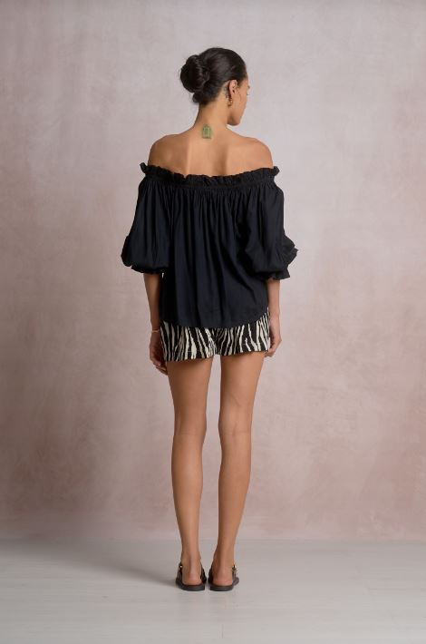 Black off-shoulder long-sleeve top with gathered neckline, back view