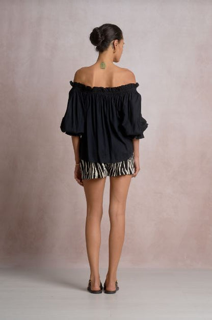 Black off-shoulder long-sleeve top with gathered neckline, back view