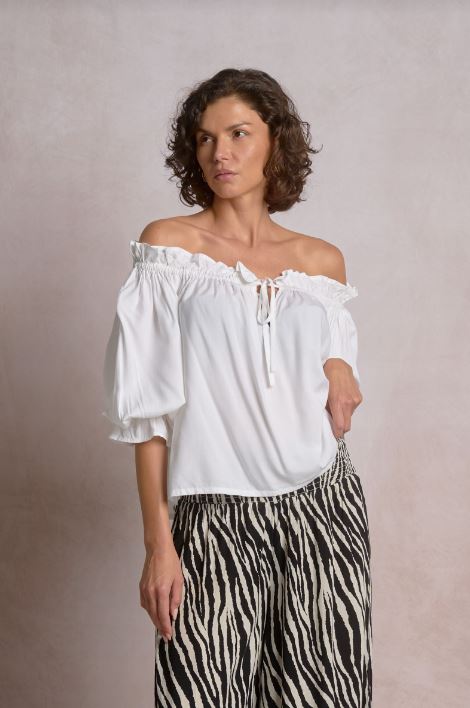 White off-shoulder long-sleeve top with gathered neckline and drawstring tie