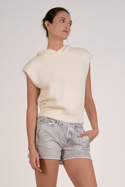 CAP SLEEVE HOODIE IN OFF WHITE FRONT VIEW