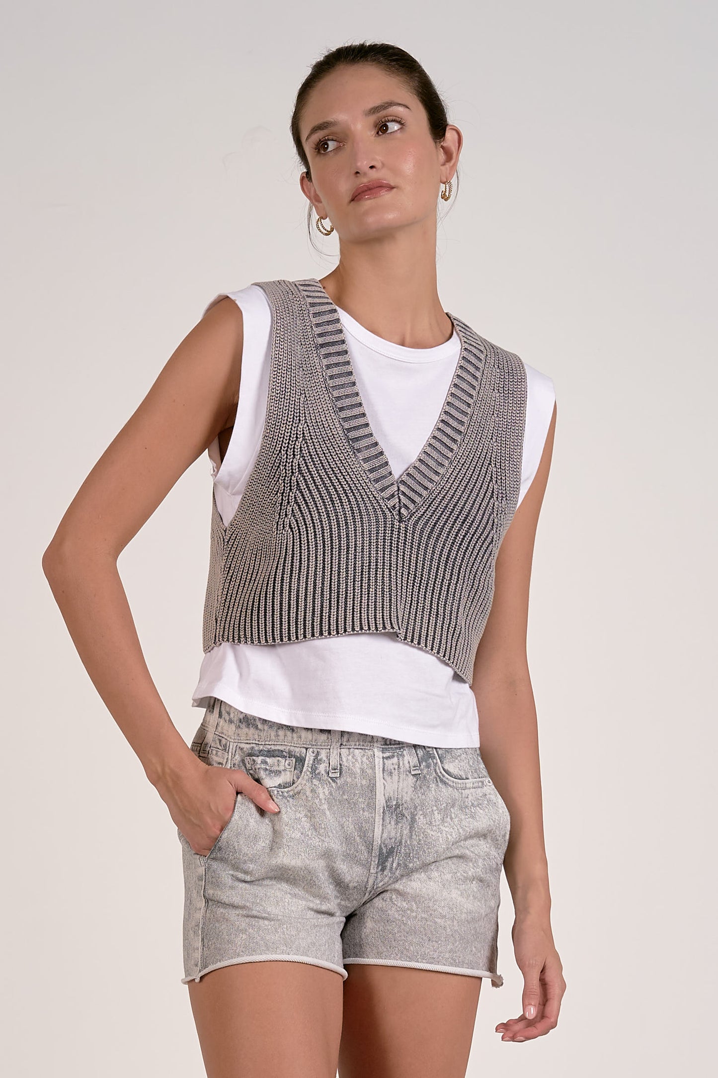 LAYERED SLEEVELESS SWEATER IN GREY WASH FRONT VIEW