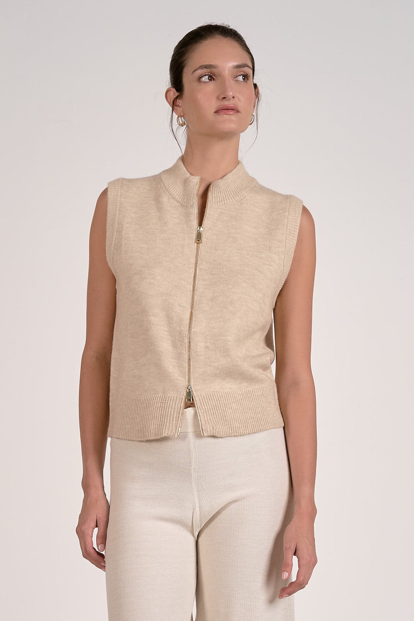 SLEEVELESS ZIP SWEATER IN SAND FRONT VIEW