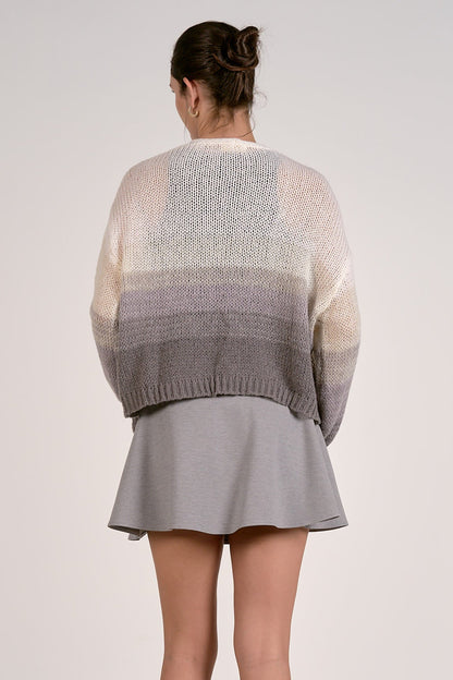 Grey ombre knit cardigan sweater, back view, loose fit, ribbed hem, long sleeves