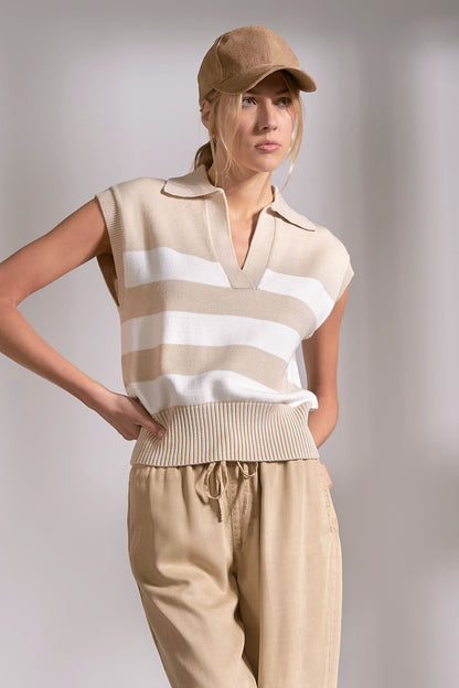 SLEEVELESS COLLAR SWEATER IN BEIGE STRIPE FRONT VIEW