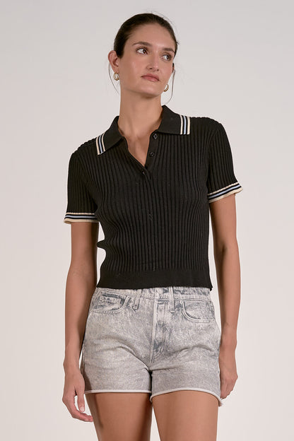 COLLARED SHORT SLEEVE SWEATER IN BLACK FRONT VIEW