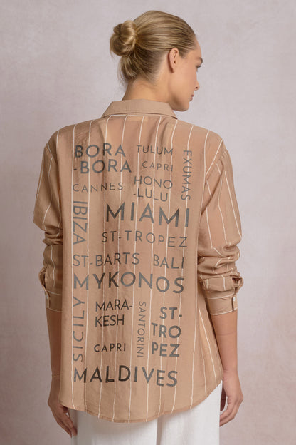 BUTTON DOWN GRAPHIC TOP IN TAN BACK VIEW