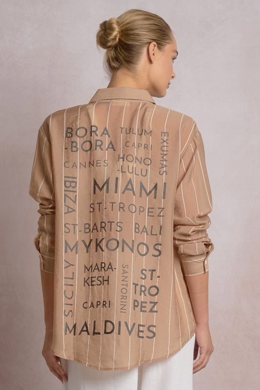 BUTTON DOWN GRAPHIC TOP IN TAN BACK VIEW