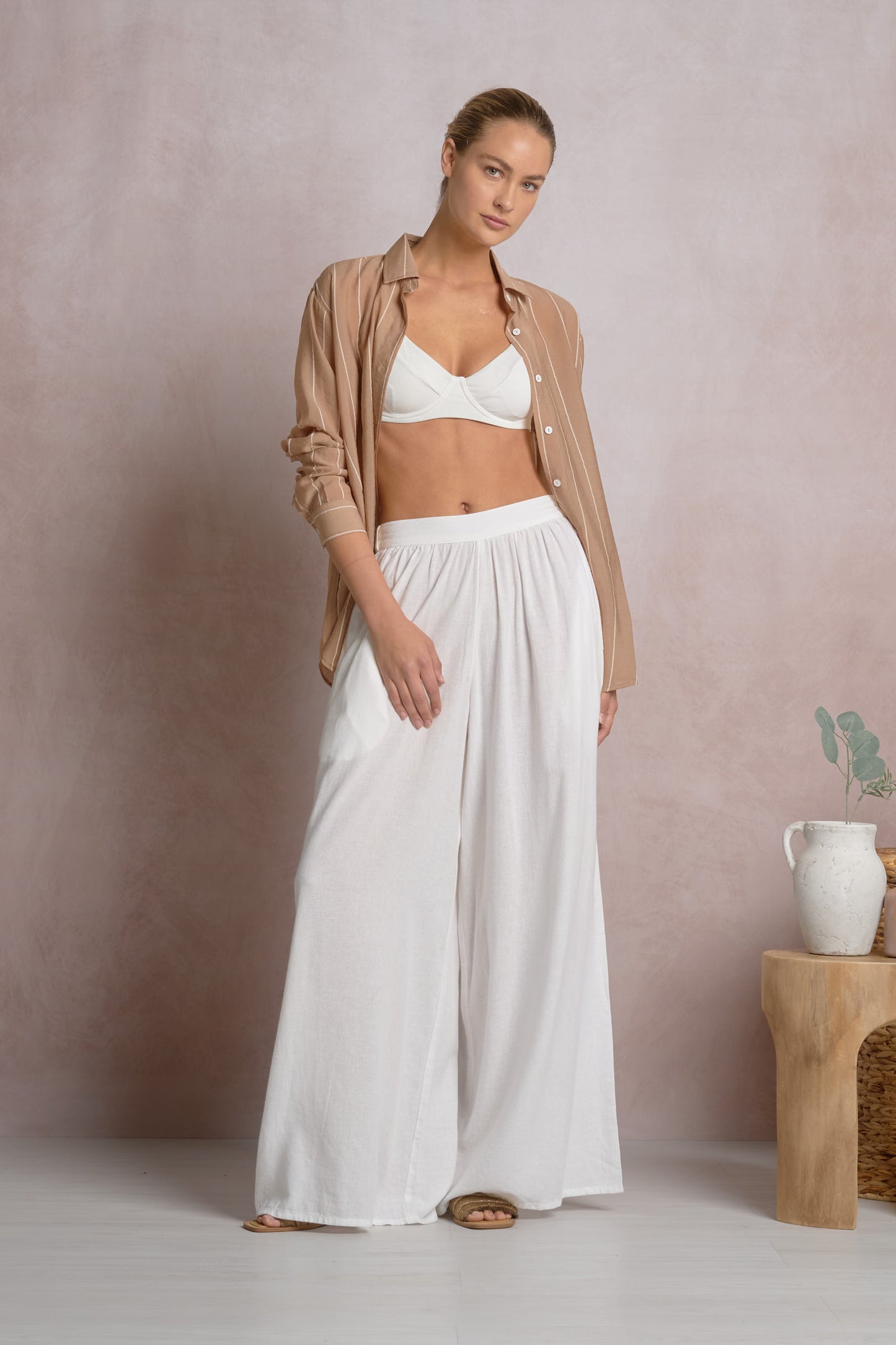 BUTTON DOWN GRAPHIC TOP IN TAN FRONT VIEW