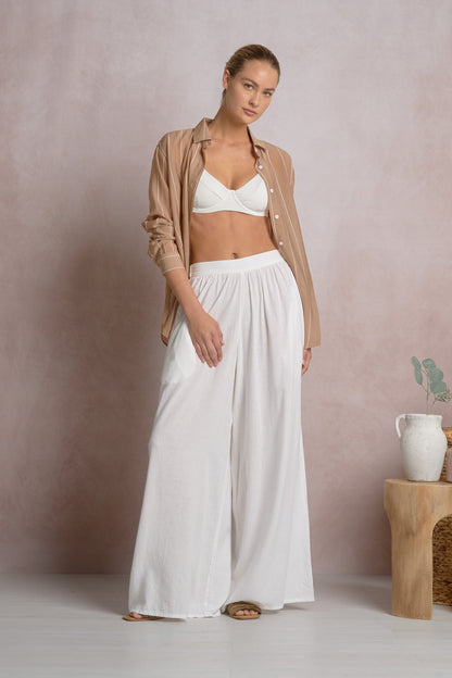 BUTTON DOWN GRAPHIC TOP IN TAN FRONT VIEW