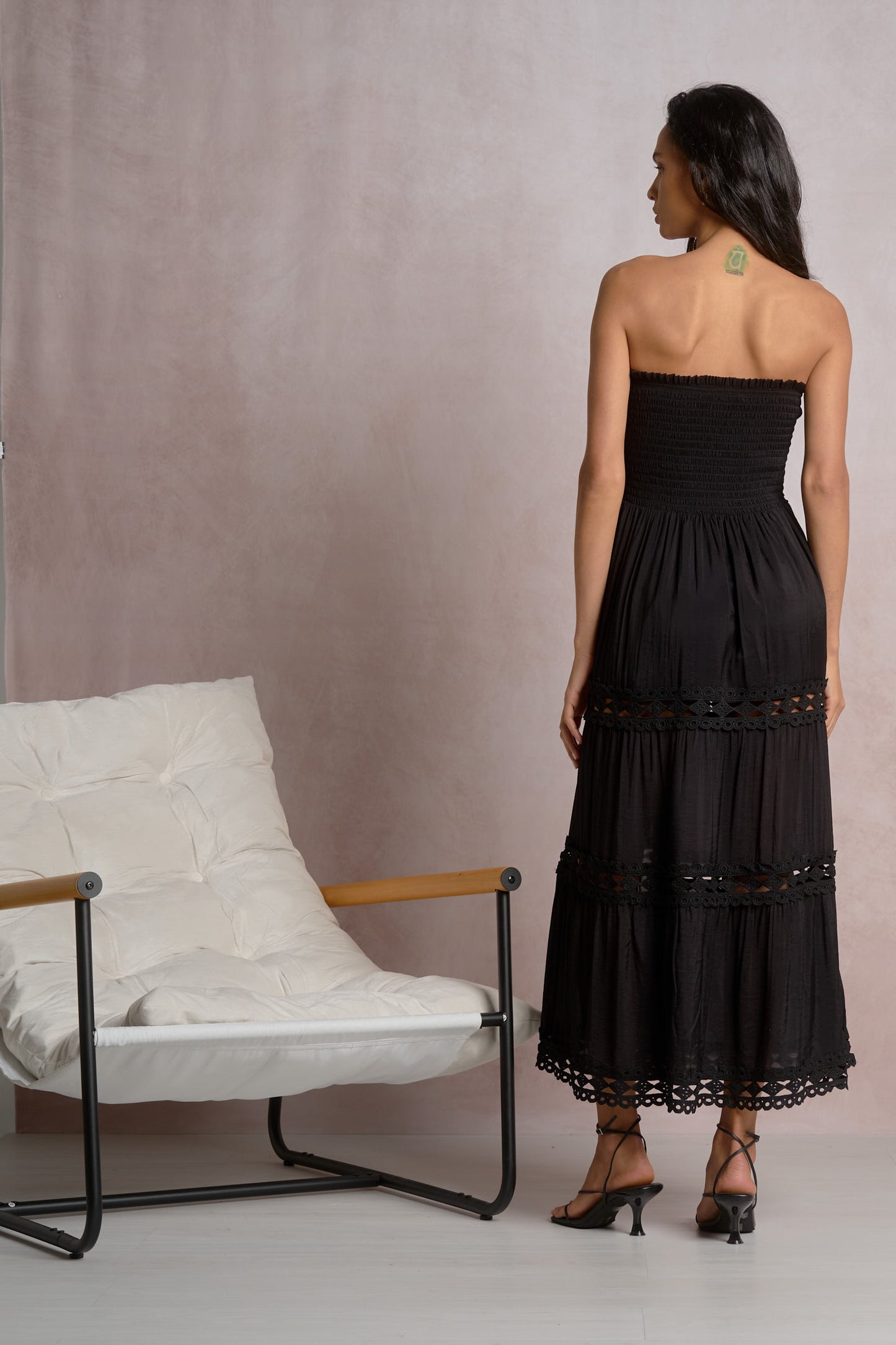 STRAPLESS TIERED MAXI IN BLACK BACK VIEW