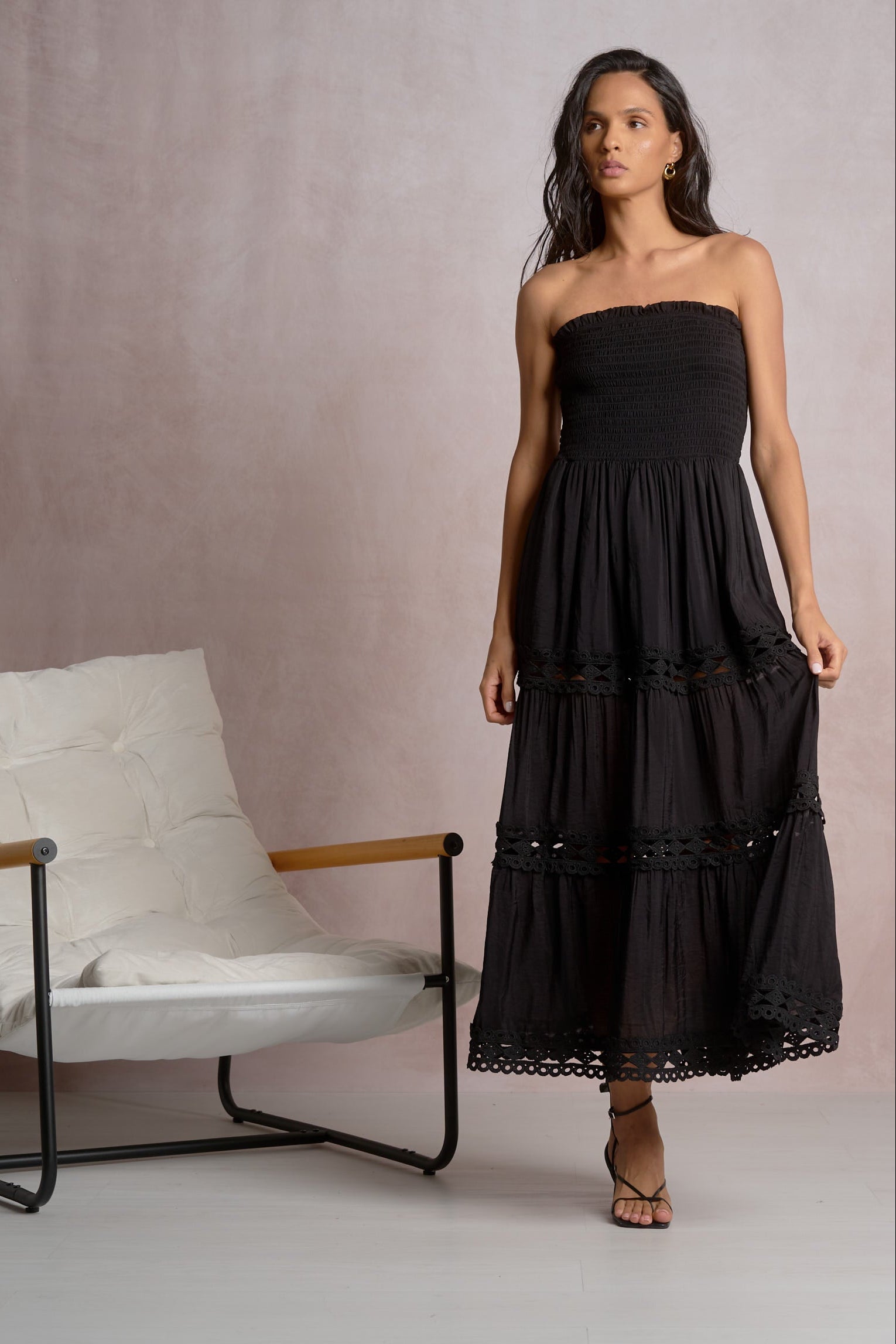 STRAPLESS TIERED MAXI IN BLACK FRONT VIEW