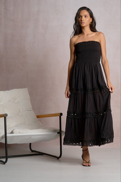 STRAPLESS TIERED MAXI IN BLACK FRONT VIEW