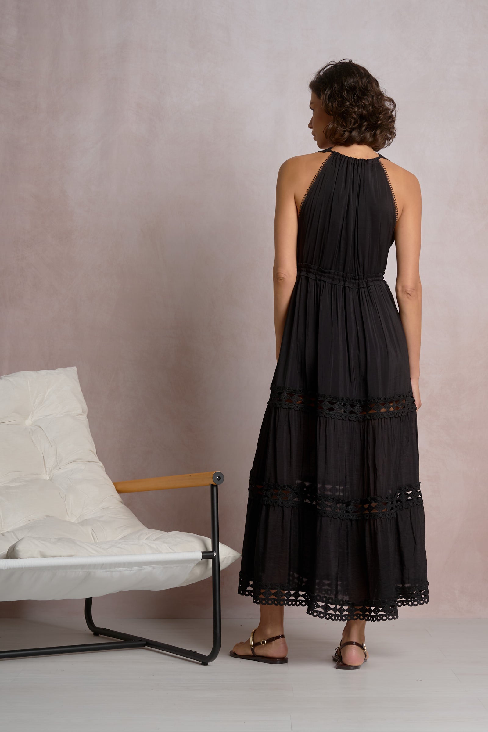 MAXI HALTER DRESS IN BLACK BACK VIEW