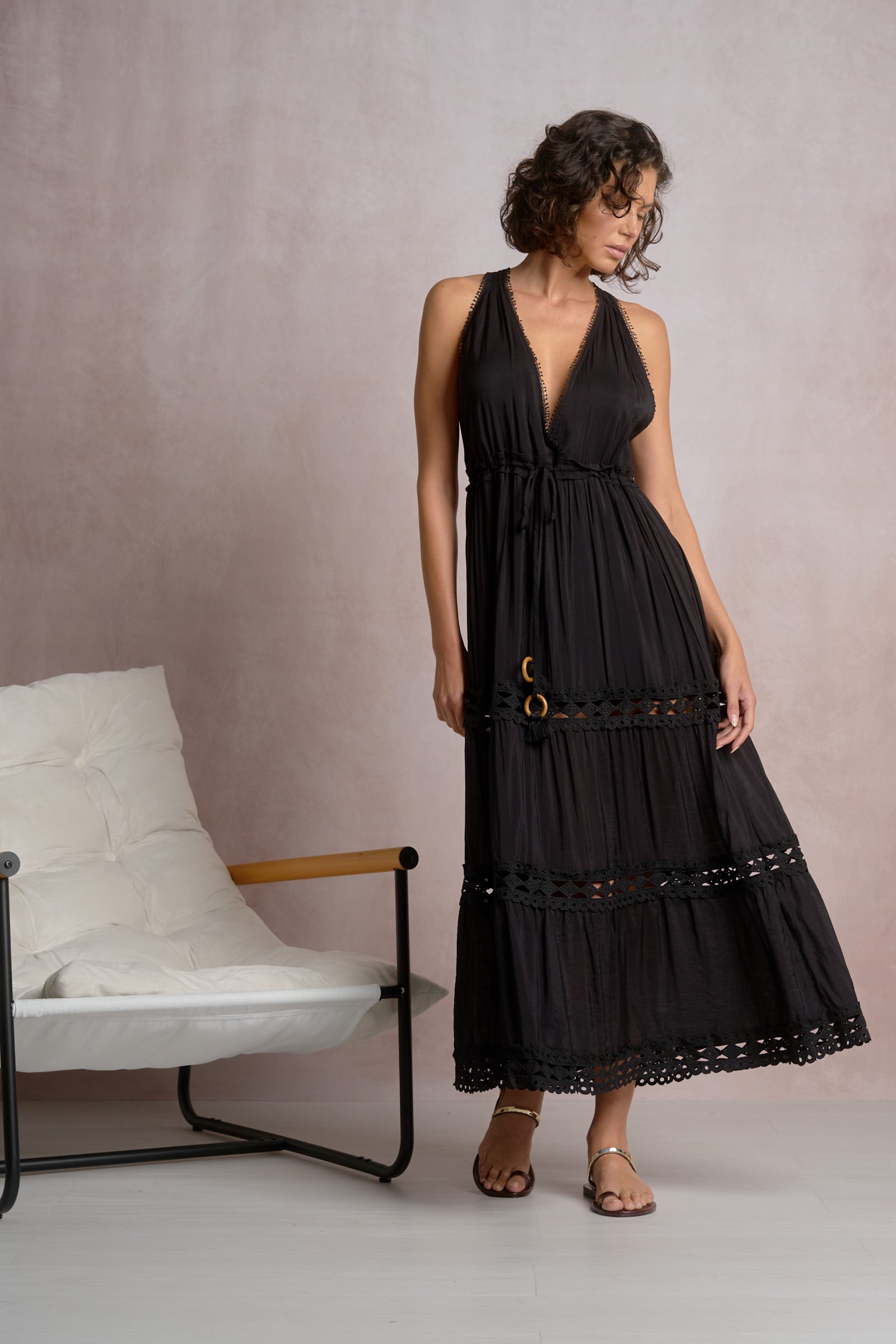 MAXI HALTER DRESS IN BLACK FRONT VIEW
