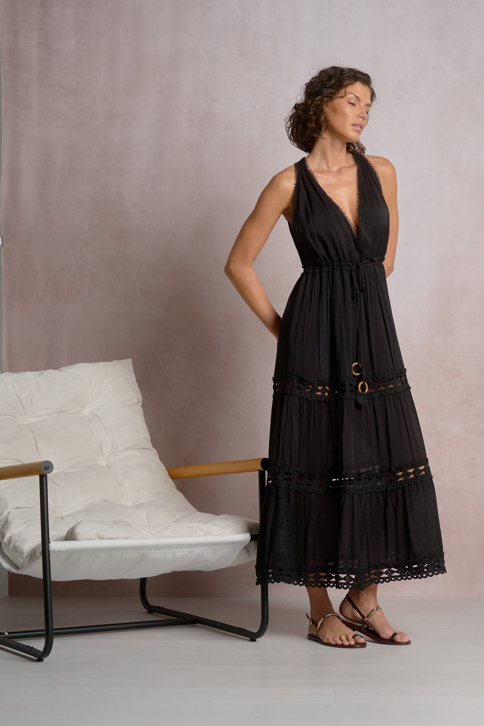MAXI HALTER DRESS IN BLACK FRONT VIEW