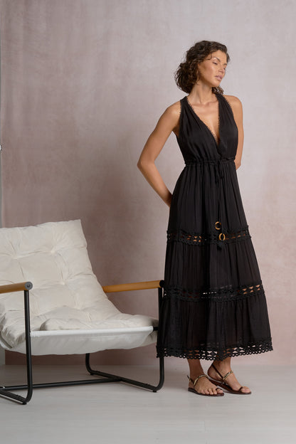 MAXI HALTER DRESS IN BLACK FRONT VIEW