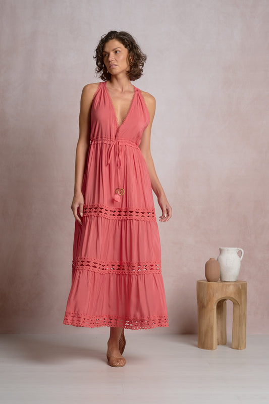 Maxi halter dress in bright pink with tiered skirt and lace-trimmed ruffles