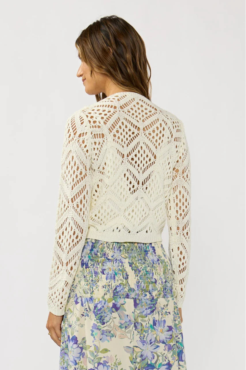 Vanilla open crochet long-sleeve tie-front top, back view